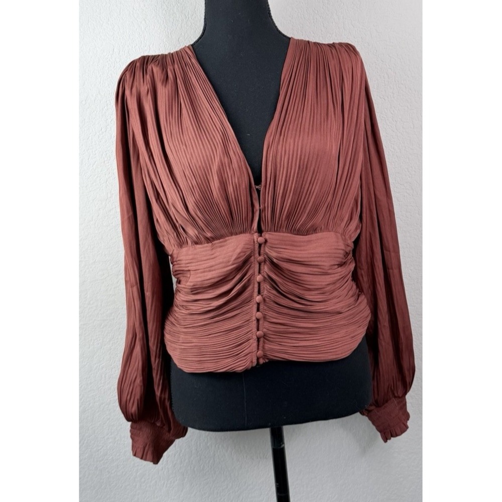 Current Air Blouse M Whimsigoth Romantic Ruched Pleated Bishop Sleeve Rust